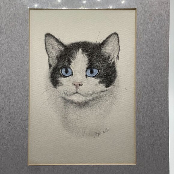 New Virginia Miller Signed Charcoal Cat Print Matted Amer Short Hair Blue Eyes - Picture 1 of 6